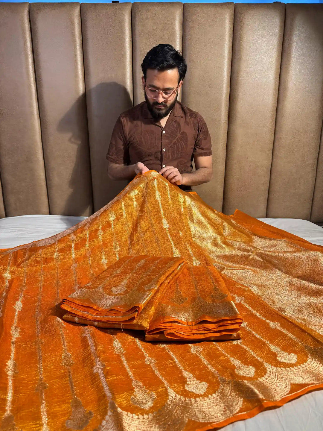 Rust Orange Crush Tissue Silk Banarasi Saree