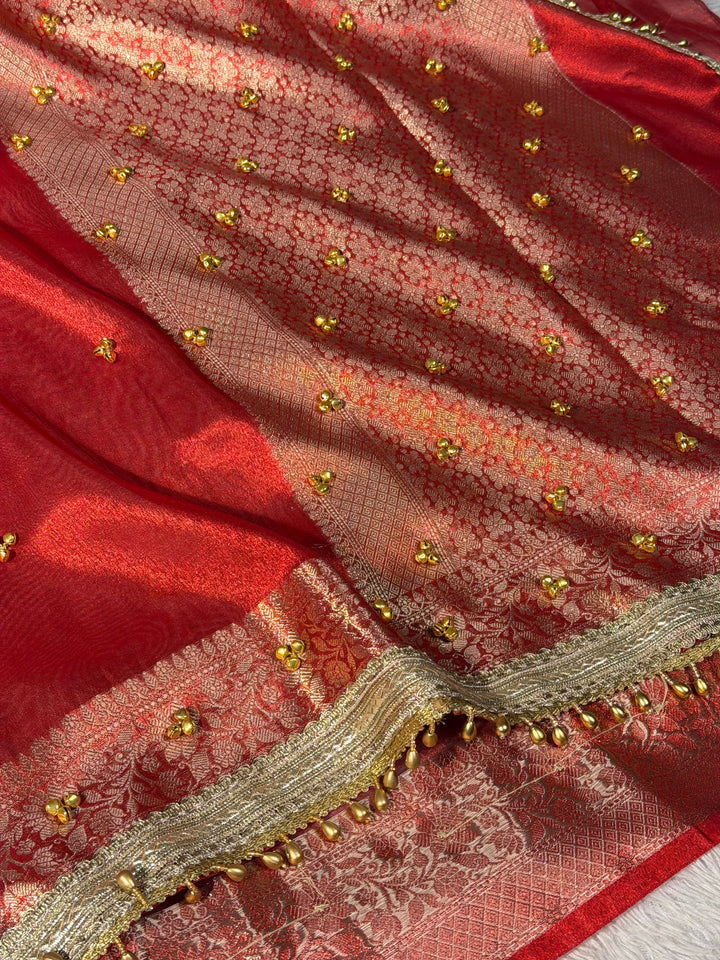 Metallic Red Kora Tissue Viral Ghungroo Saree