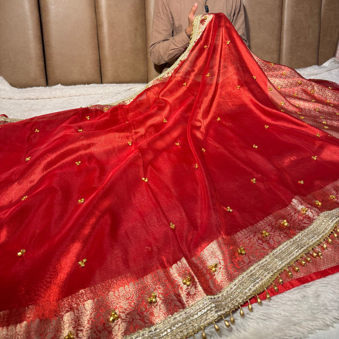 Metallic Red Kora Tissue Viral Ghungroo Saree