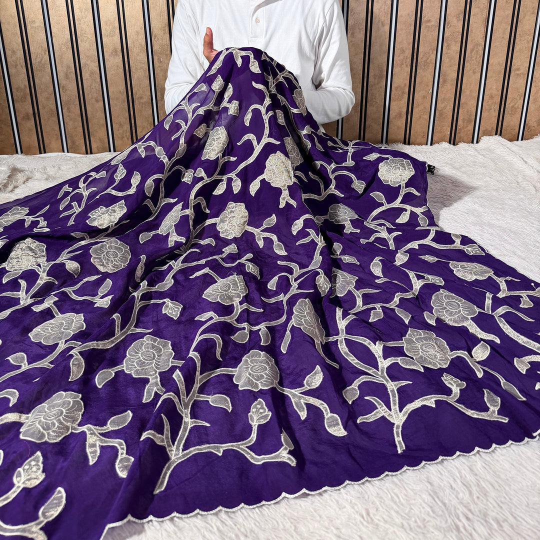 Bright Purple Khaddi Georgette Appliqué Work Saree