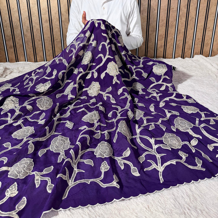 Bright Purple Khaddi Georgette Appliqué Work Saree