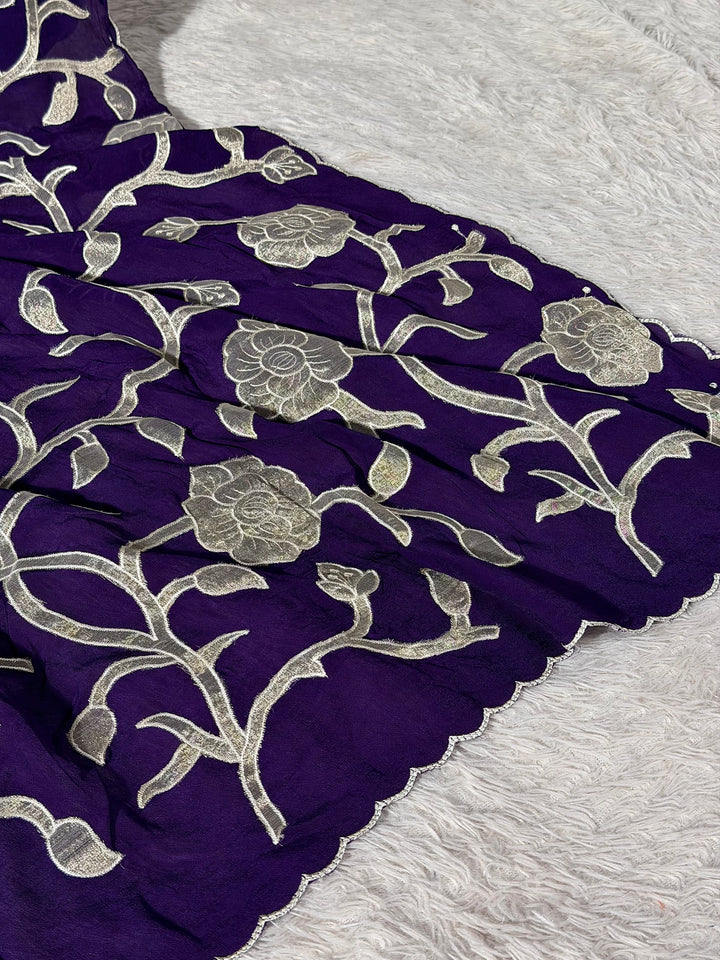 Bright Purple Khaddi Georgette Appliqué Work Saree