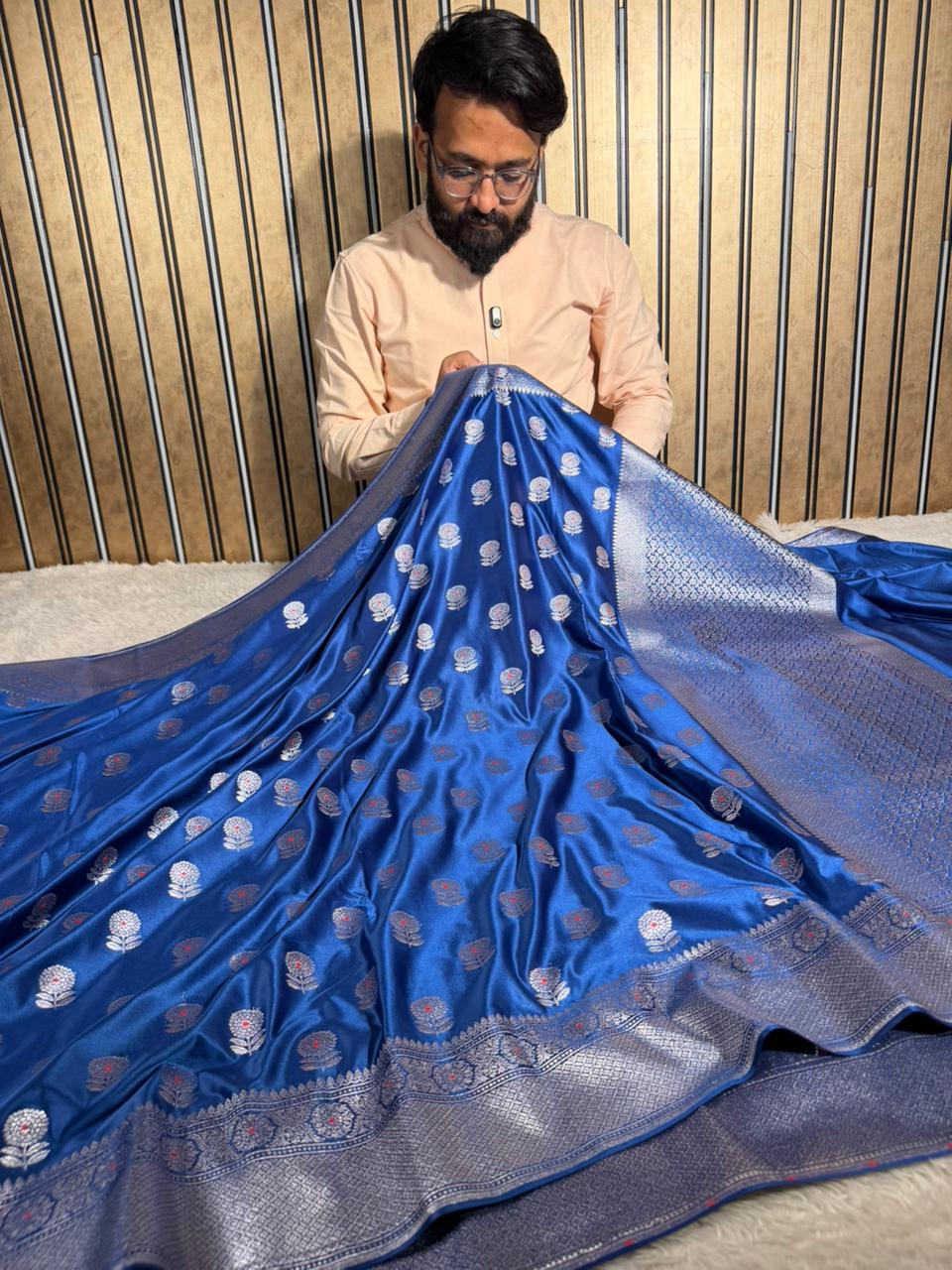 Dark Blue Mashru Katan Silk Meenakari Banarasi Saree
