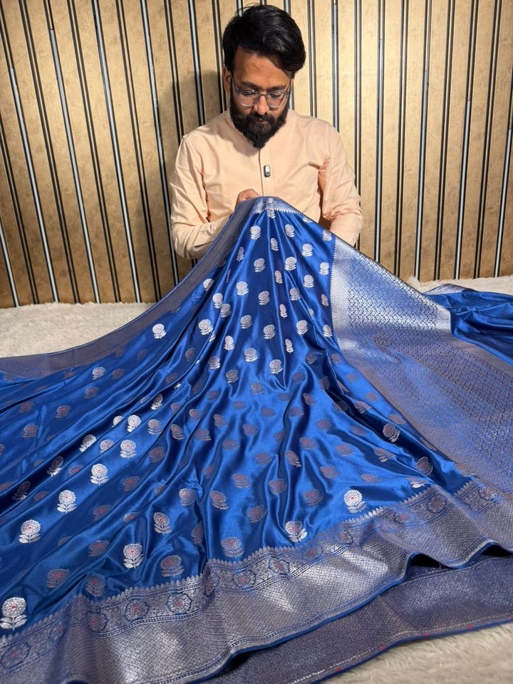 Dark Blue Mashru Katan Silk Meenakari Banarasi Saree