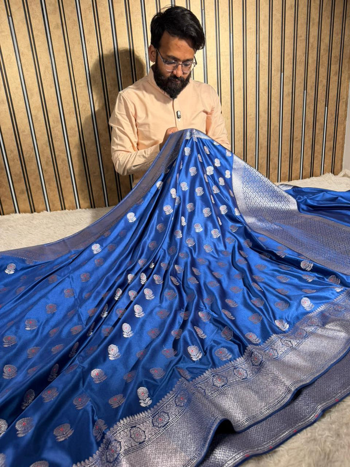 Dark Blue Mashru Katan Silk Meenakari Banarasi Saree