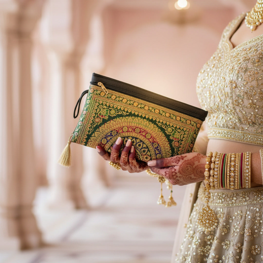 Dark Bottle Green Shade Handmade Banarasi Women Wallet