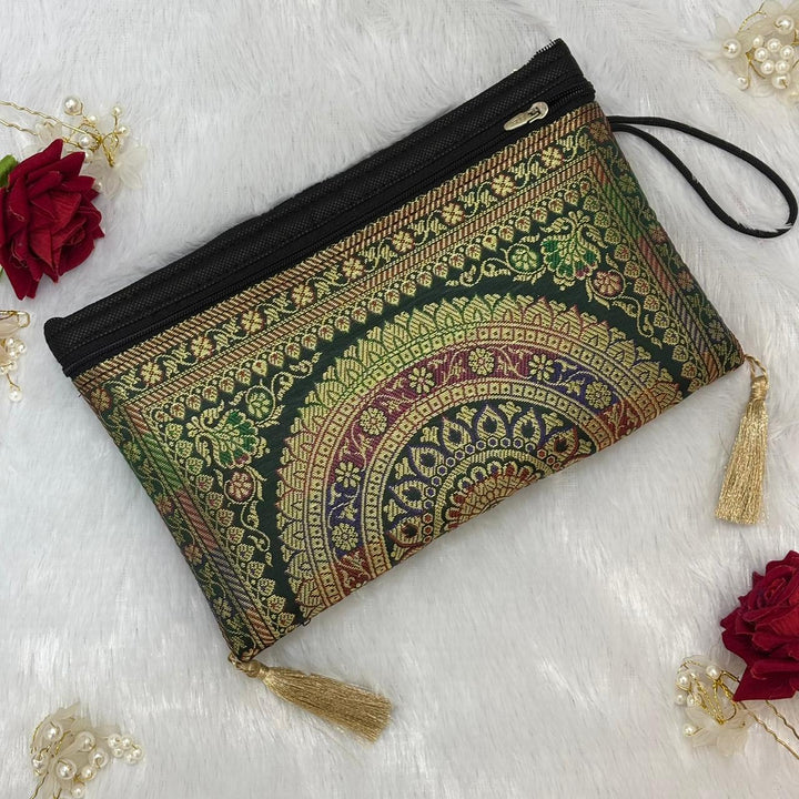 Dark Bottle Green Shade Handmade Banarasi Women Wallet