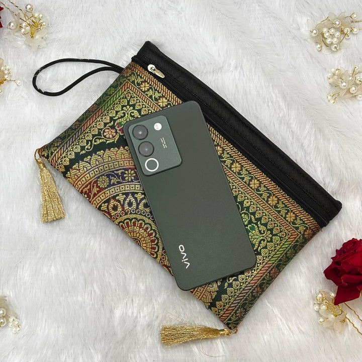 Dark Bottle Green Shade Handmade Banarasi Women Wallet
