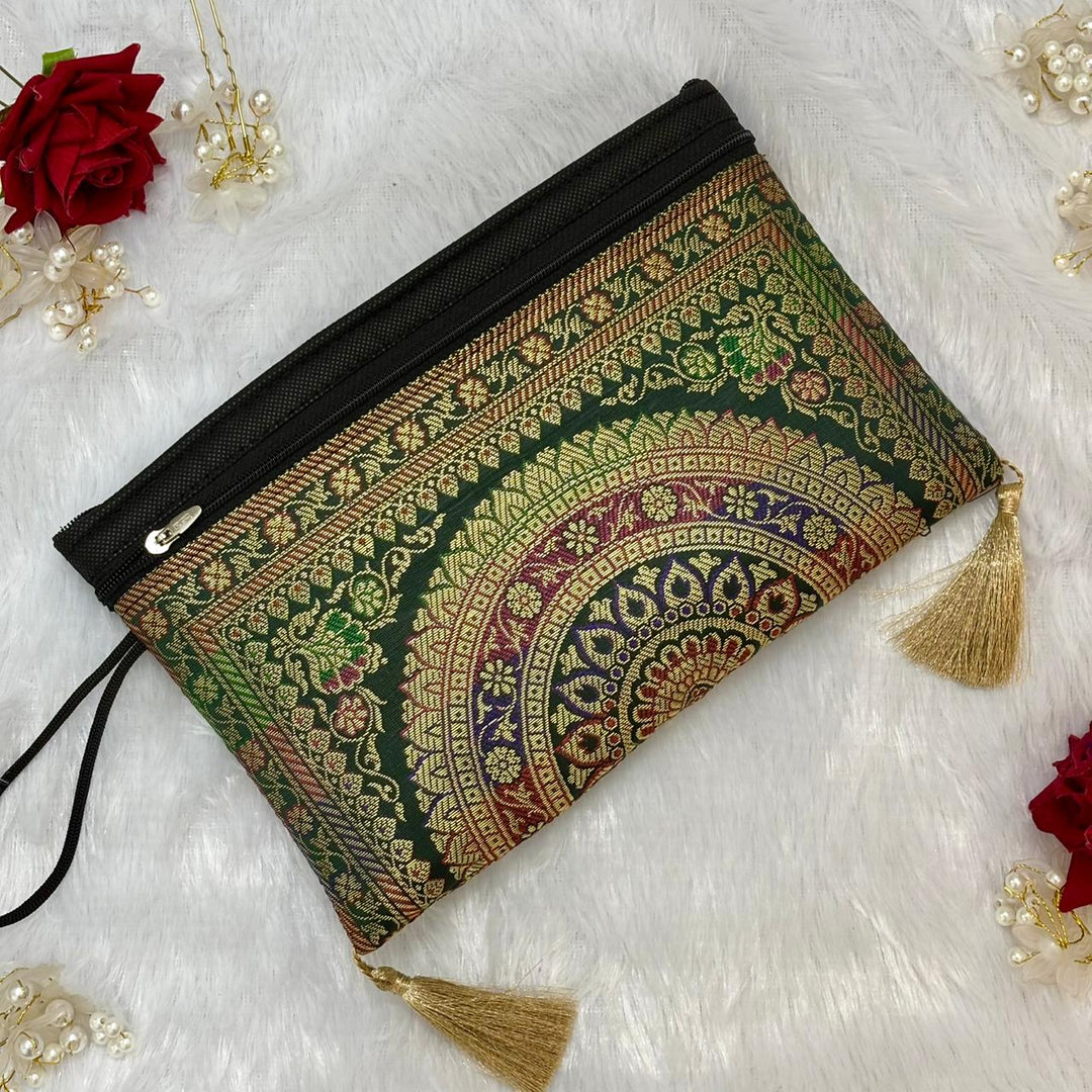 Dark Bottle Green Shade Handmade Banarasi Women Wallet