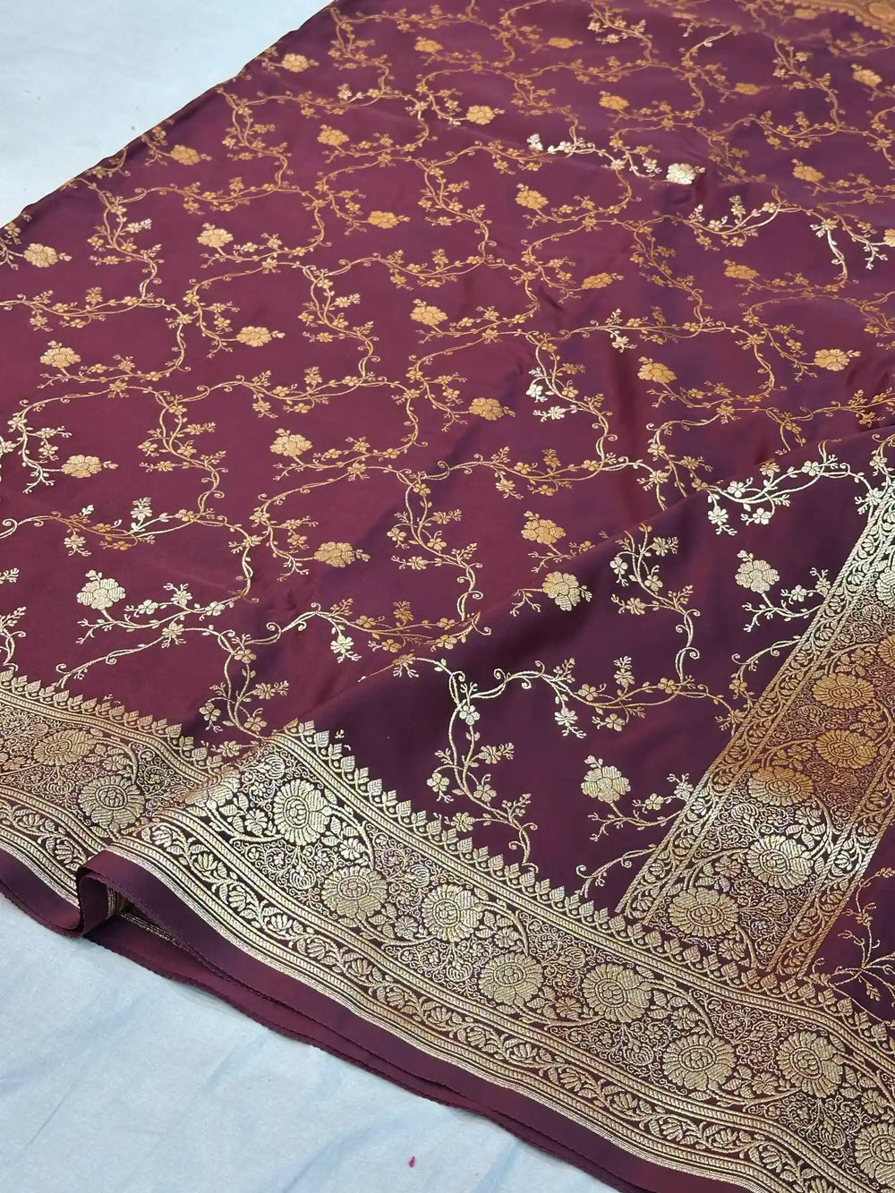 Dark Brown Satin Silk Saree with Rich Texture Design and Classical Pallu