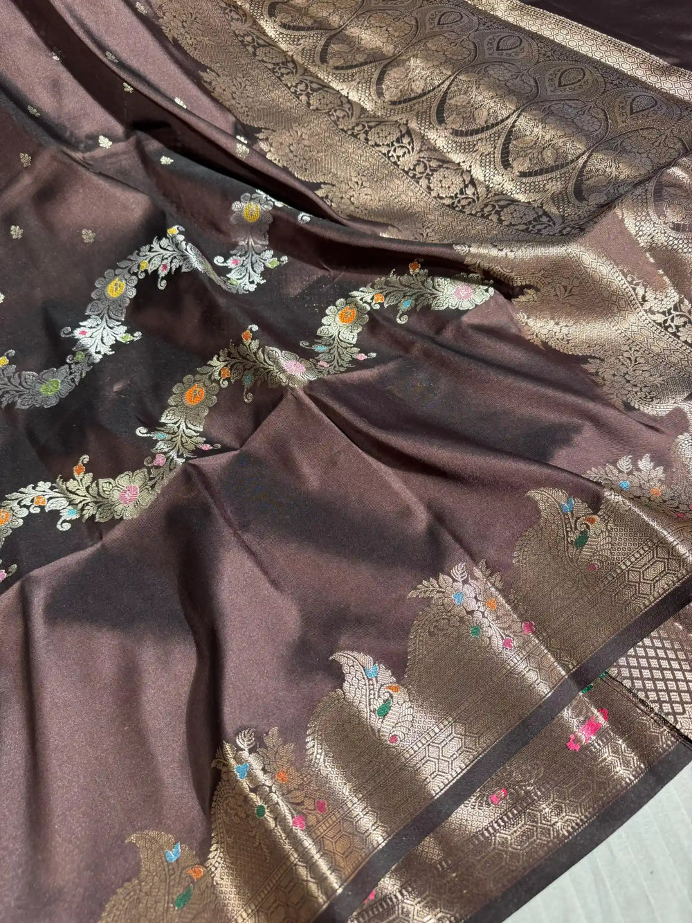 Dark Coffee Brown Soft Banarasi Semi Katan Silk Saree with Rich Pallu and Blouse