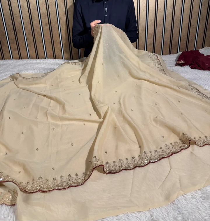 Dark Cream Georgette Tissue Silk Designer Banarasi Saree 