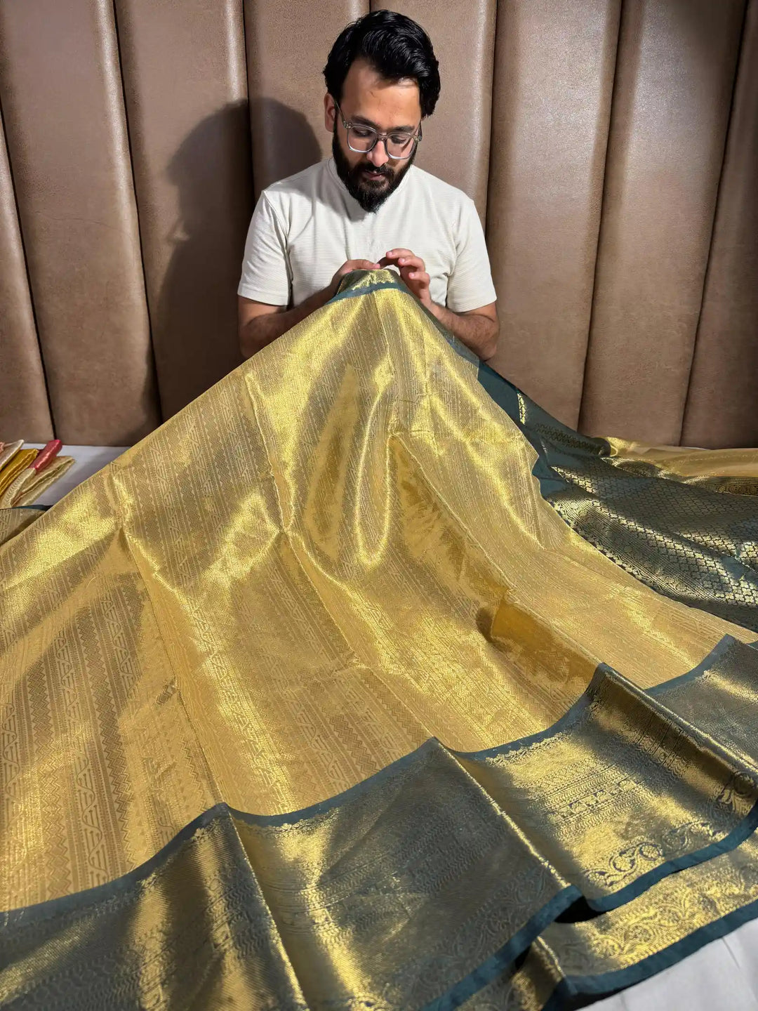 Dark Gold Contrast Embossed Tissue Silk Banarasi Saree