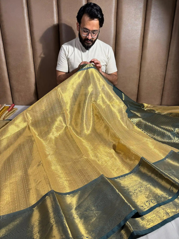 Dark Gold Contrast Embossed Tissue Silk Banarasi Saree