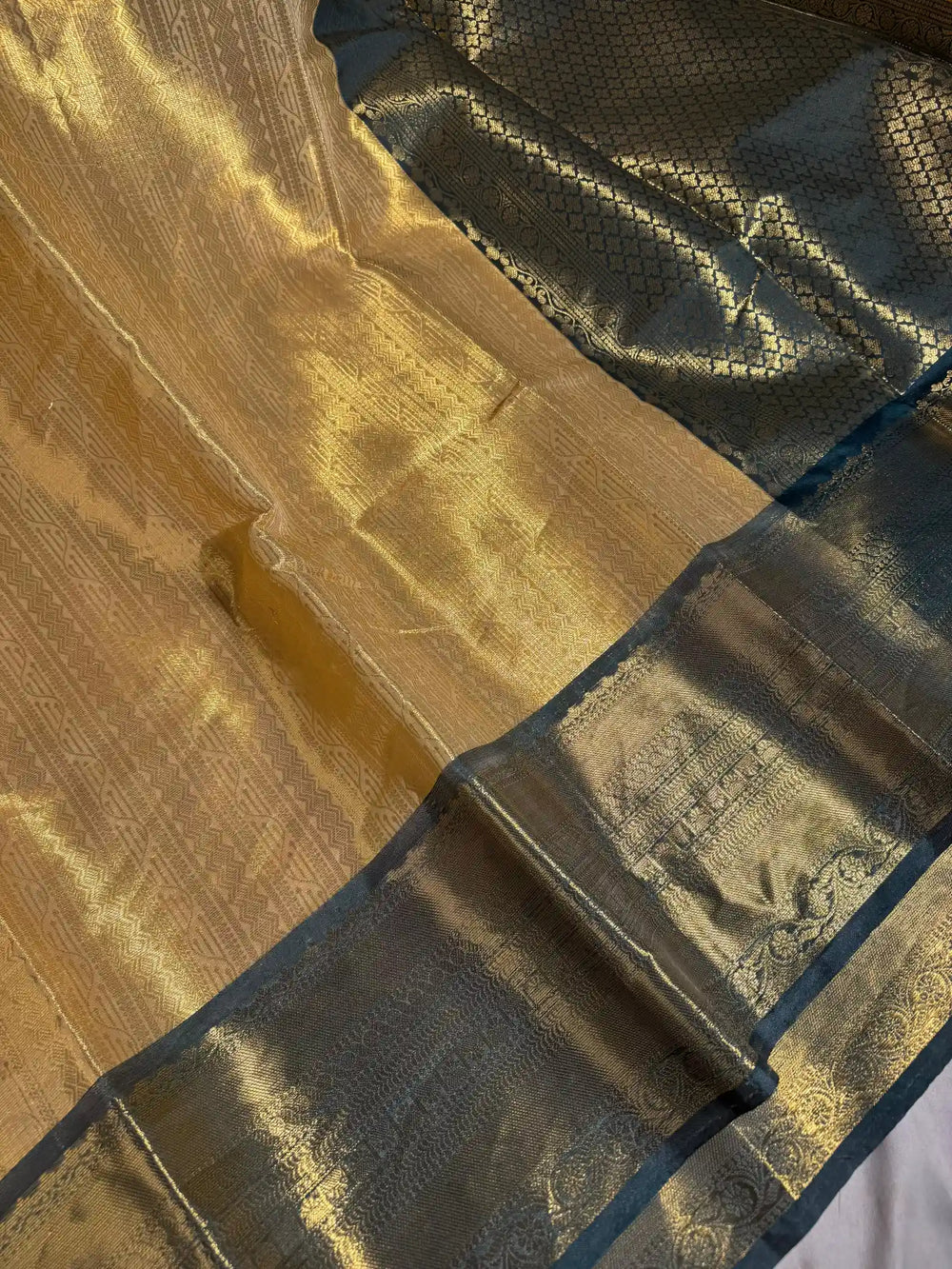 Dark Gold Contrast Embossed Tissue Silk Banarasi Saree