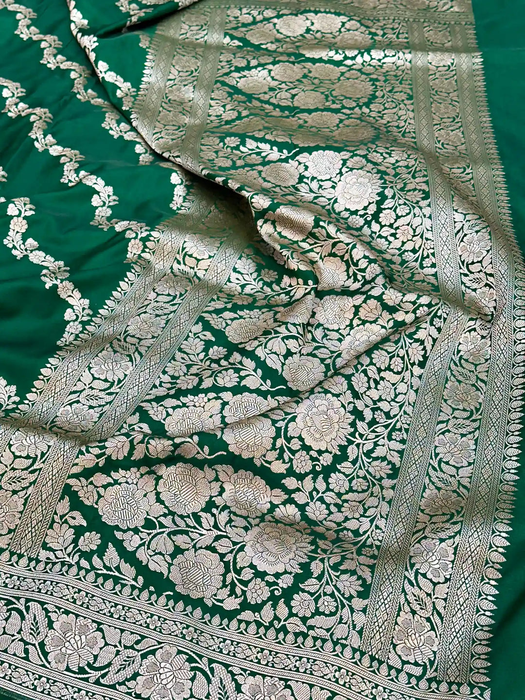 Dark Green Leheriya Weave Mashru Katan Silk Saree