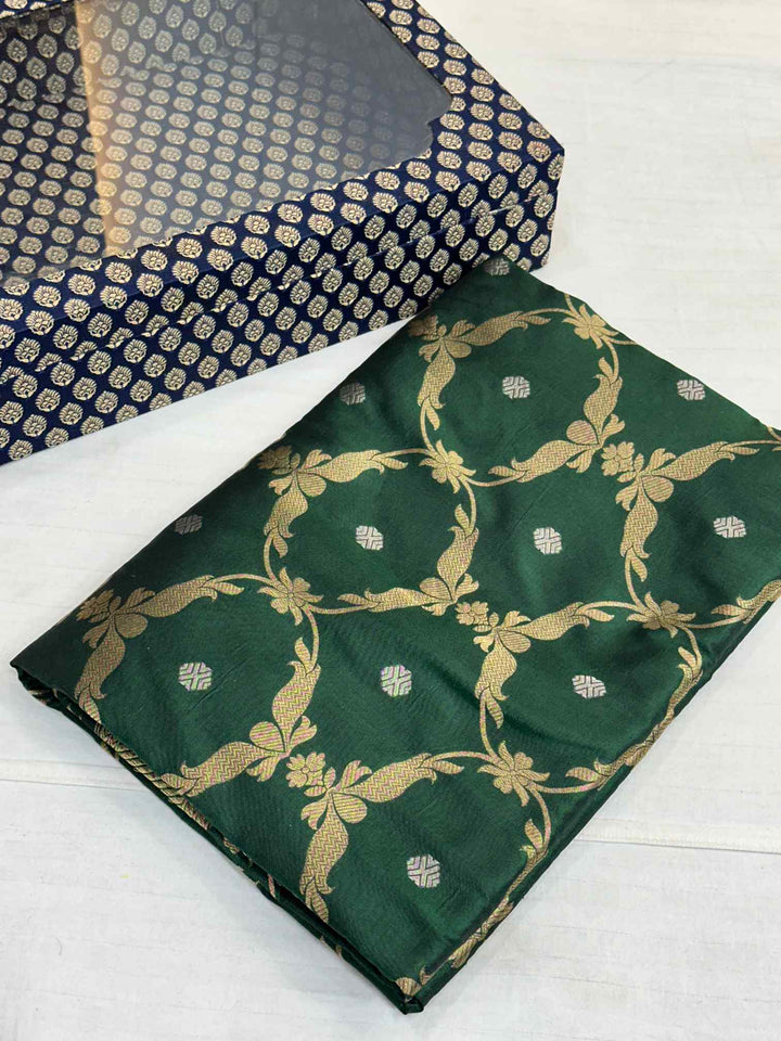  Dark Green Pure Katan Silk Jangla Weave Banarasi Saree 