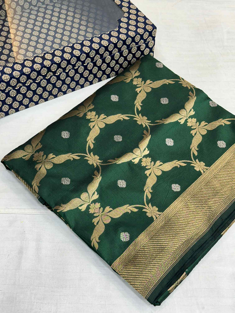  Dark Green Pure Katan Silk Jangla Weave Banarasi Saree 