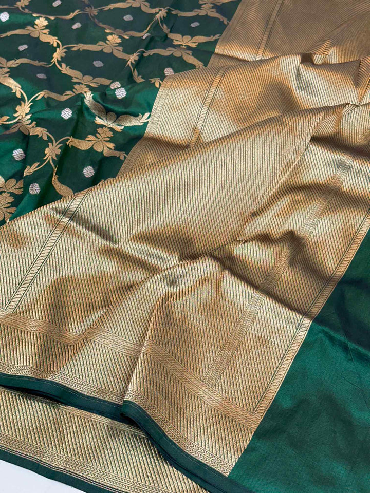  Dark Green Pure Katan Silk Jangla Weave Banarasi Saree 