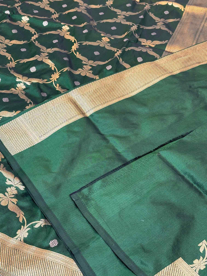  Dark Green Pure Katan Silk Jangla Weave Banarasi Saree 