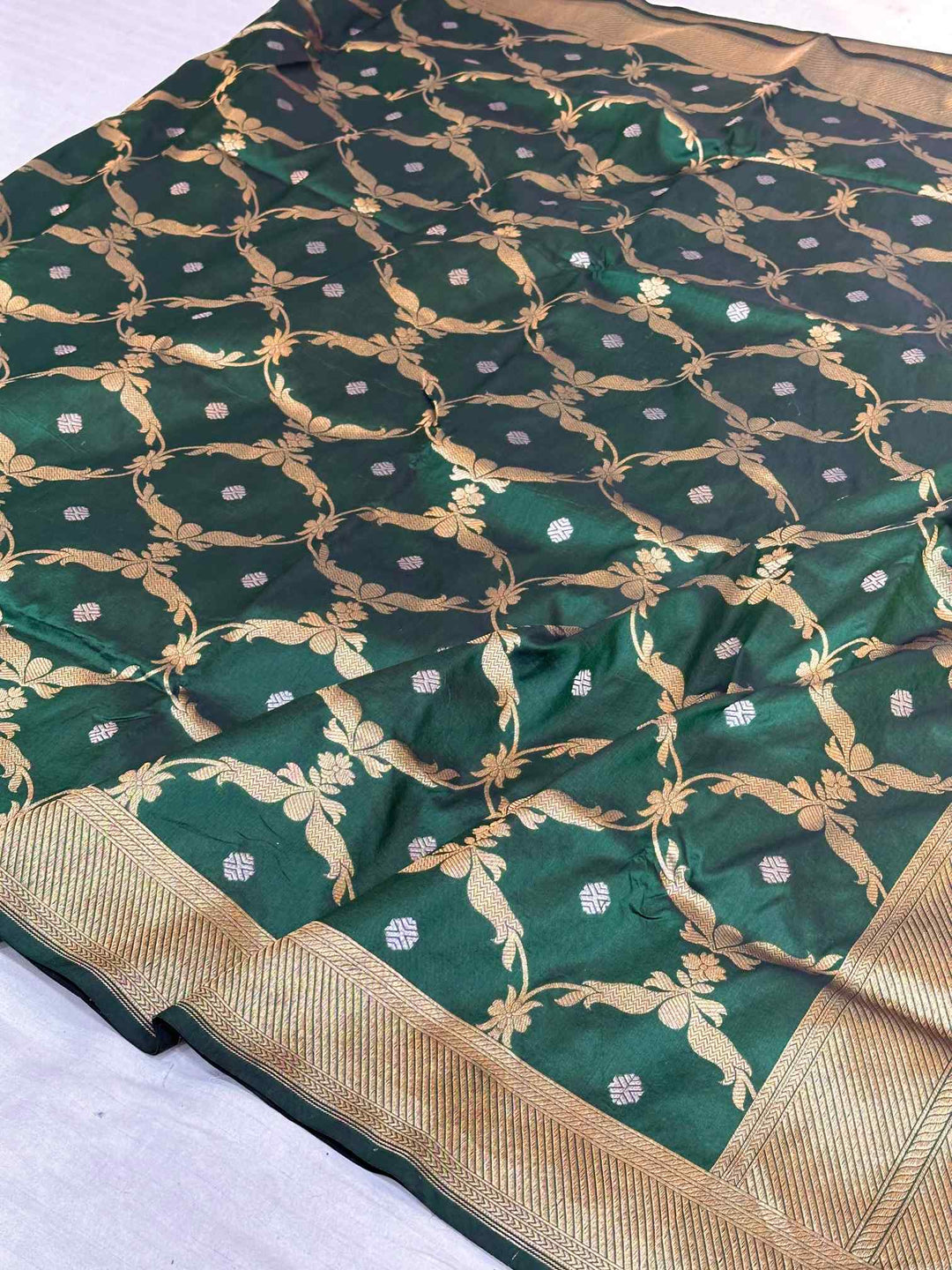  Dark Green Pure Katan Silk Jangla Weave Banarasi Saree 