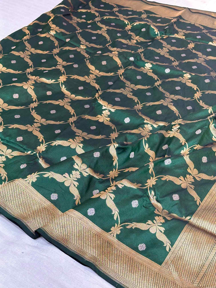  Dark Green Pure Katan Silk Jangla Weave Banarasi Saree 
