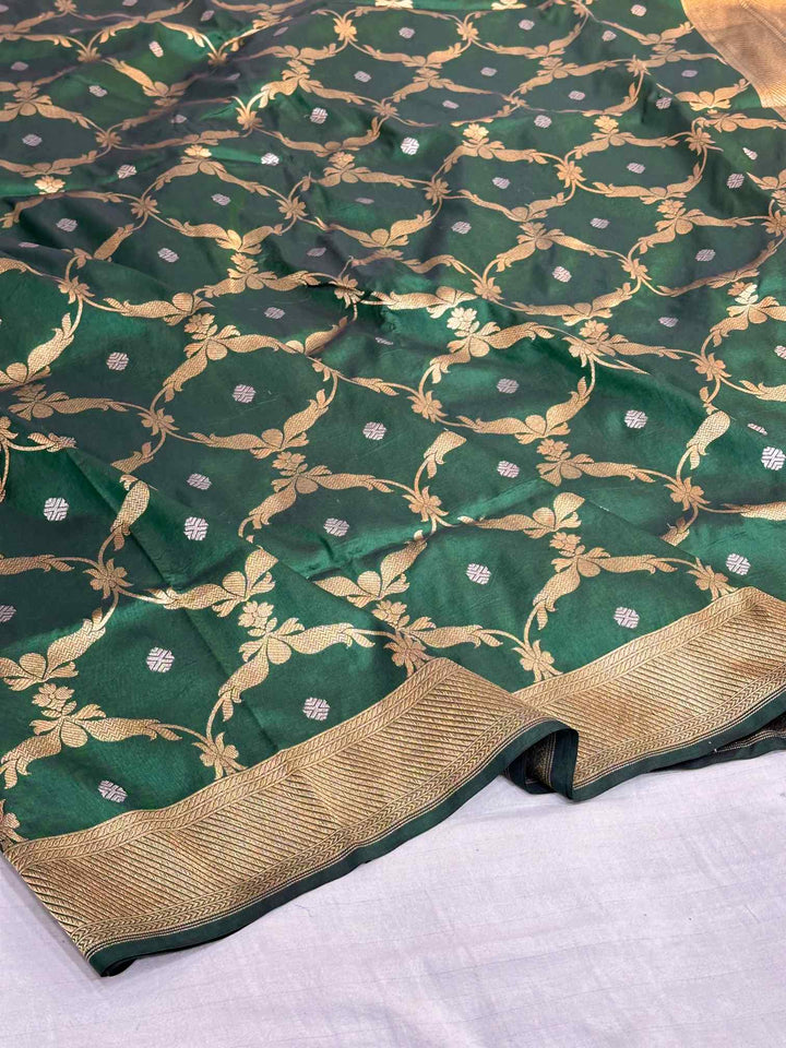  Dark Green Pure Katan Silk Jangla Weave Banarasi Saree 