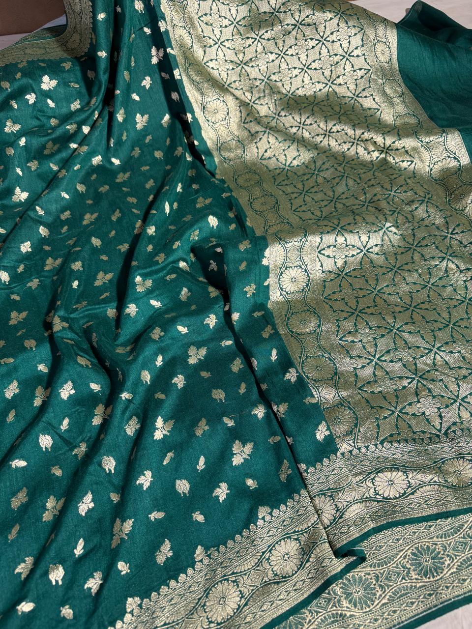 Dark Green Pure Munga Silk Banarasi Saree