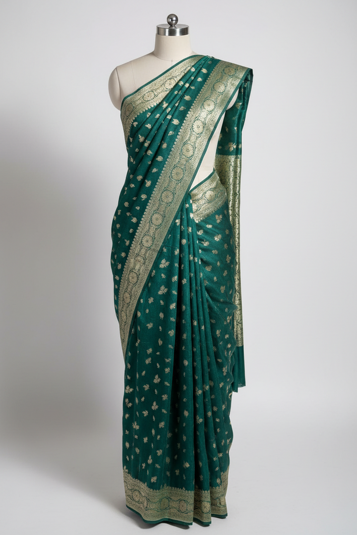Dark Green Pure Munga Silk Banarasi Saree