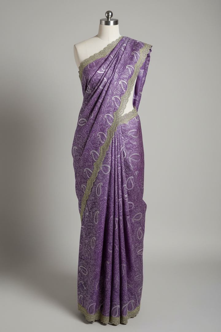 Dark Lavender Mul Chanderi Silk Chikankari Embroidered Banarasi Saree