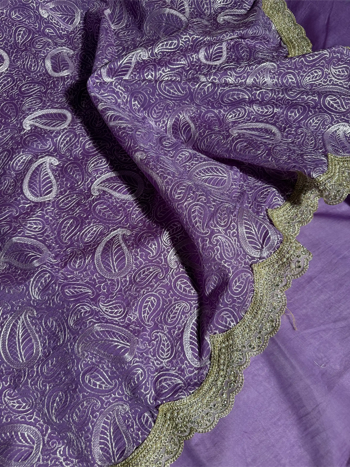 Dark Lavender Mul Chanderi Silk Chikankari Embroidered Banarasi Saree