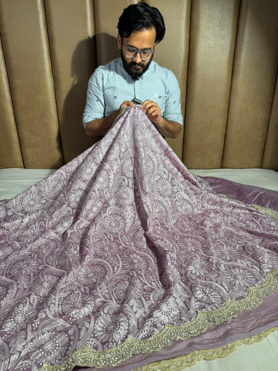 Dark Lavender Pure Mul Chanderi Designer sSaree