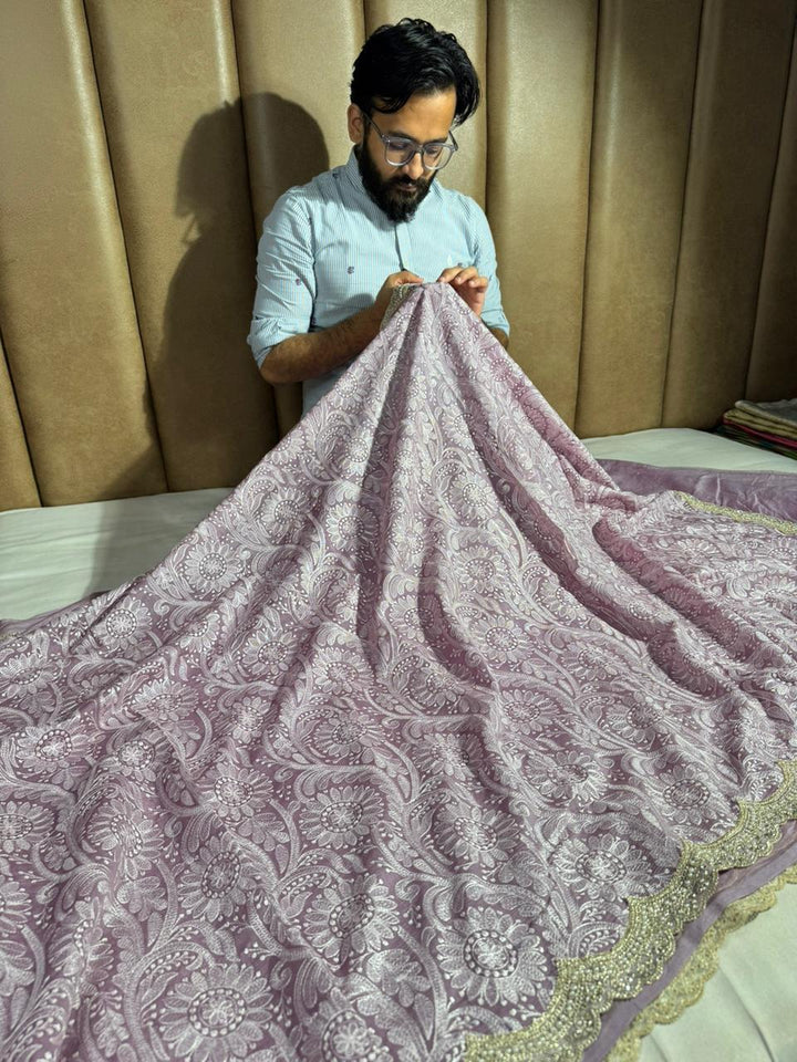 Dark Lavender Pure Mul Chanderi Designer sSaree