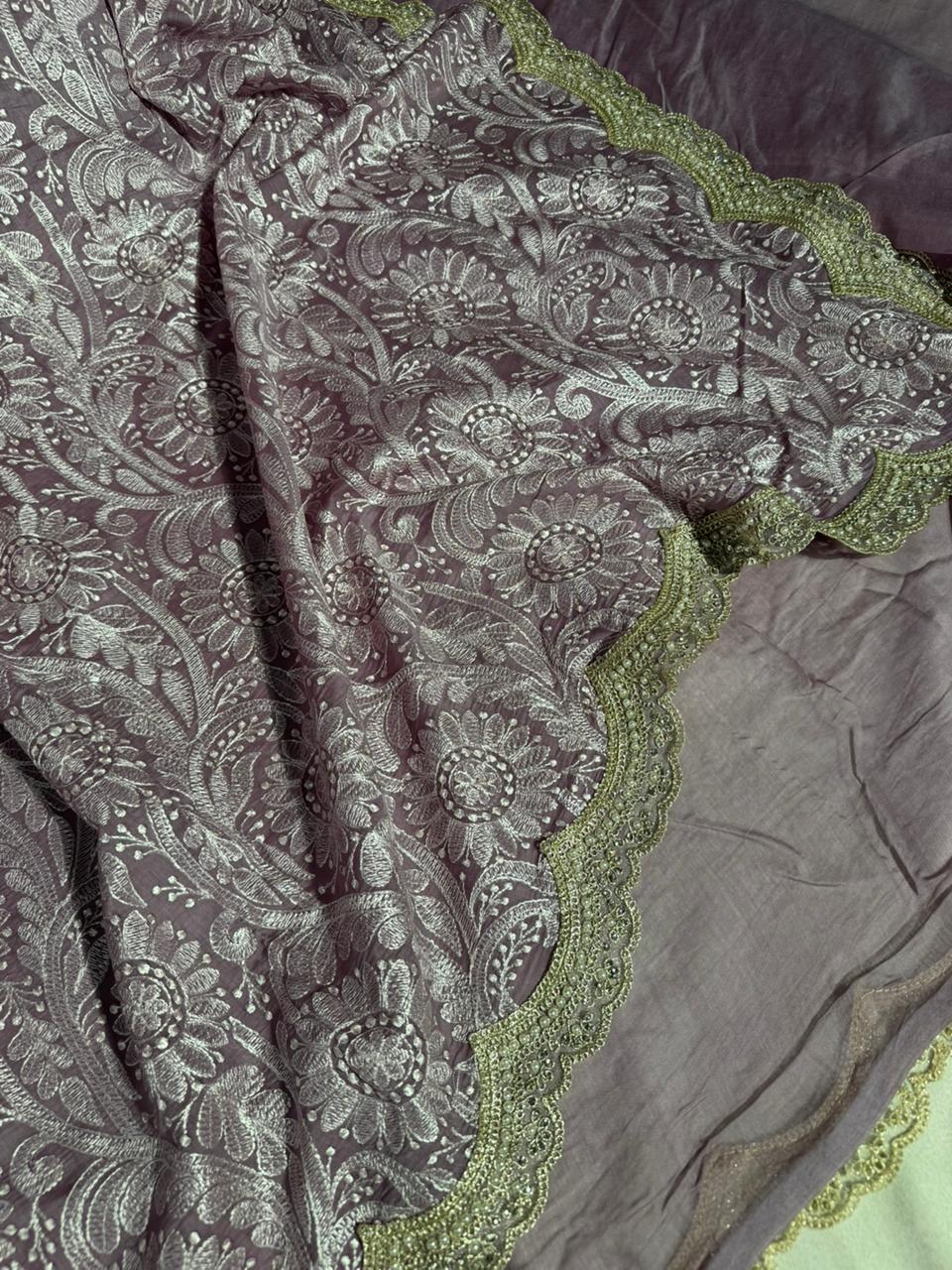 Dark Lavender Pure Mul Chanderi Designer sSaree