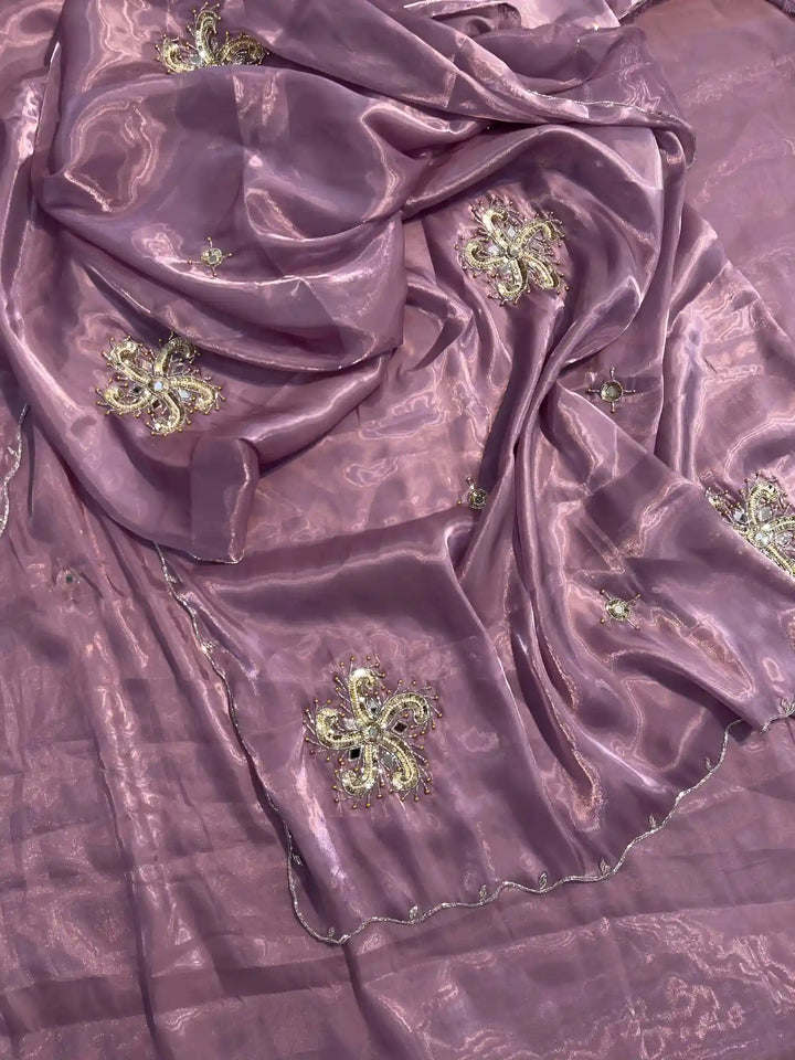 Dark Lavender Satin Shimmery Tissue Silk Saree with Real Handwork