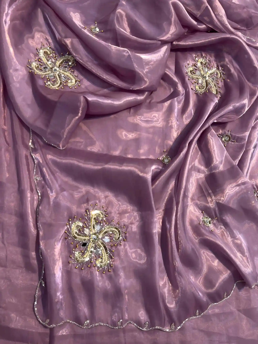 Dark Lavender Satin Shimmery Tissue Silk Saree with Real Handwork