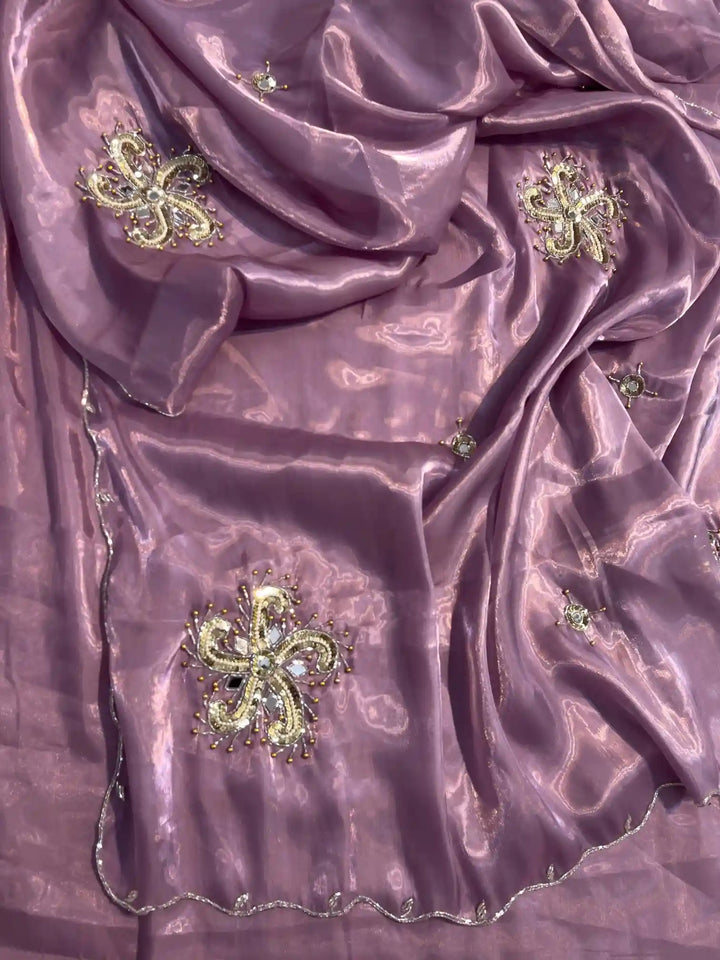 Dark Lavender Satin Shimmery Tissue Silk Saree with Real Handwork