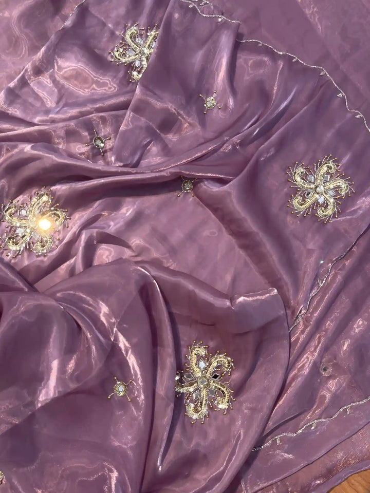 Dark Lavender Satin Shimmery Tissue Silk Saree with Real Handwork