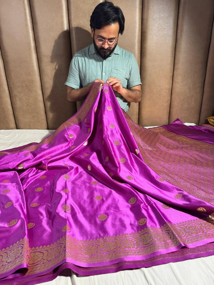 Dark Lavender Satin Silk Saree with Rich Texture Design and Classical Pallu