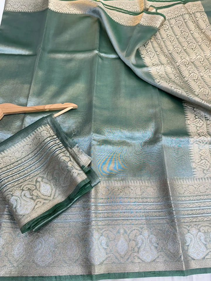 Dark Mint Green Glass Tissue Silk Banarasi Saree 