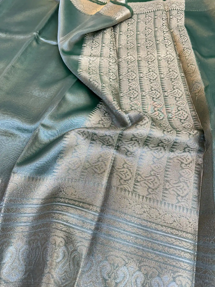 Dark Mint Green Glass Tissue Silk Banarasi Saree 