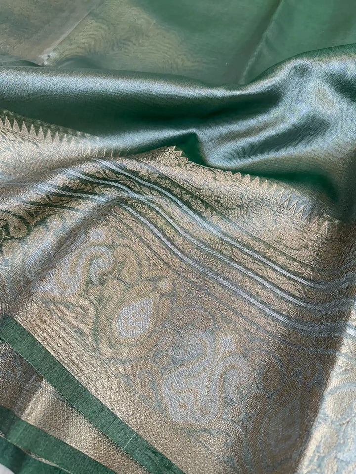 Dark Mint Green Glass Tissue Silk Banarasi Saree 