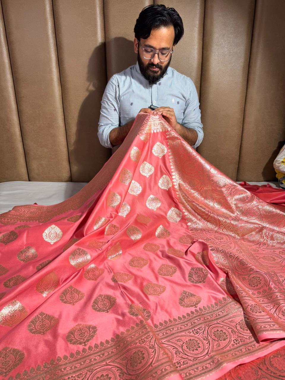 Dark Pastel Peach Satin Silk Traditional Zari Buta Weave Saree