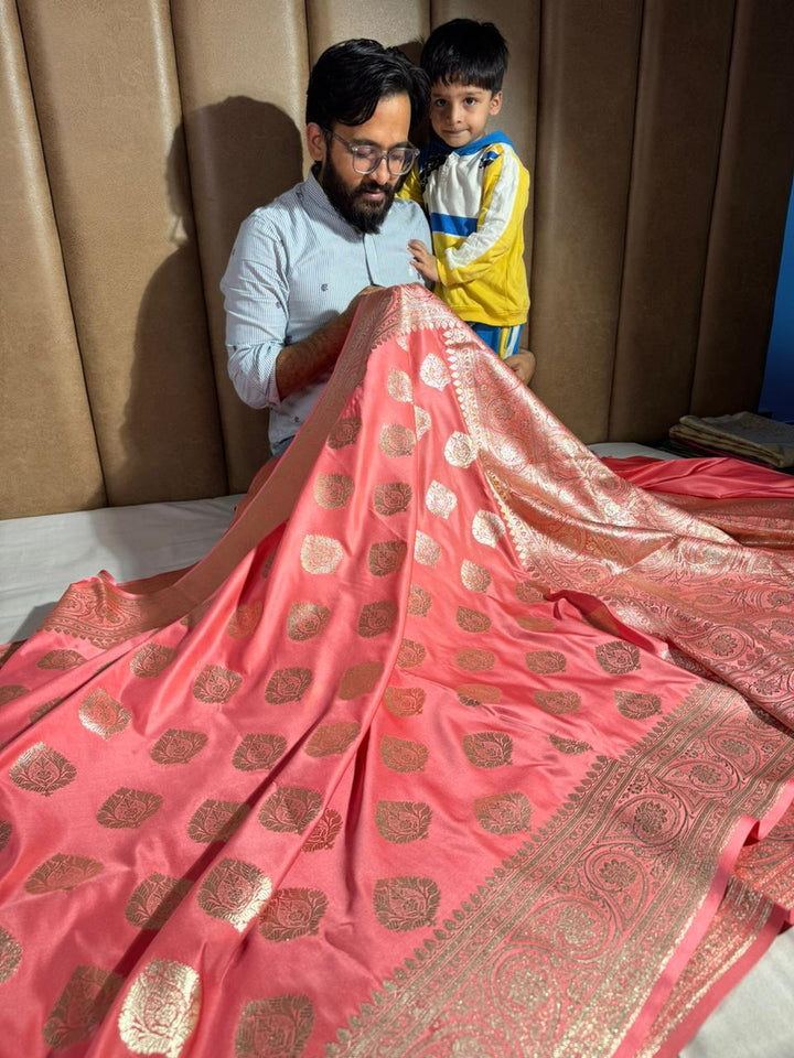 Dark Pastel Peach Satin Silk Traditional Zari Buta Weave Saree