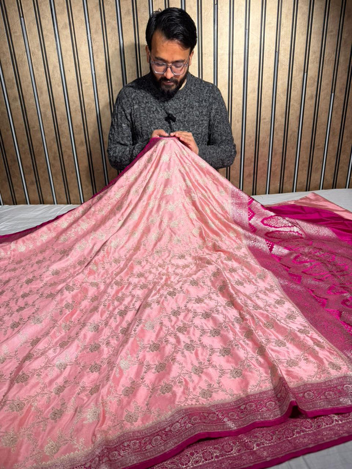 Dark Peach Mashru Katan Silk Leheriya Banarasi Saree