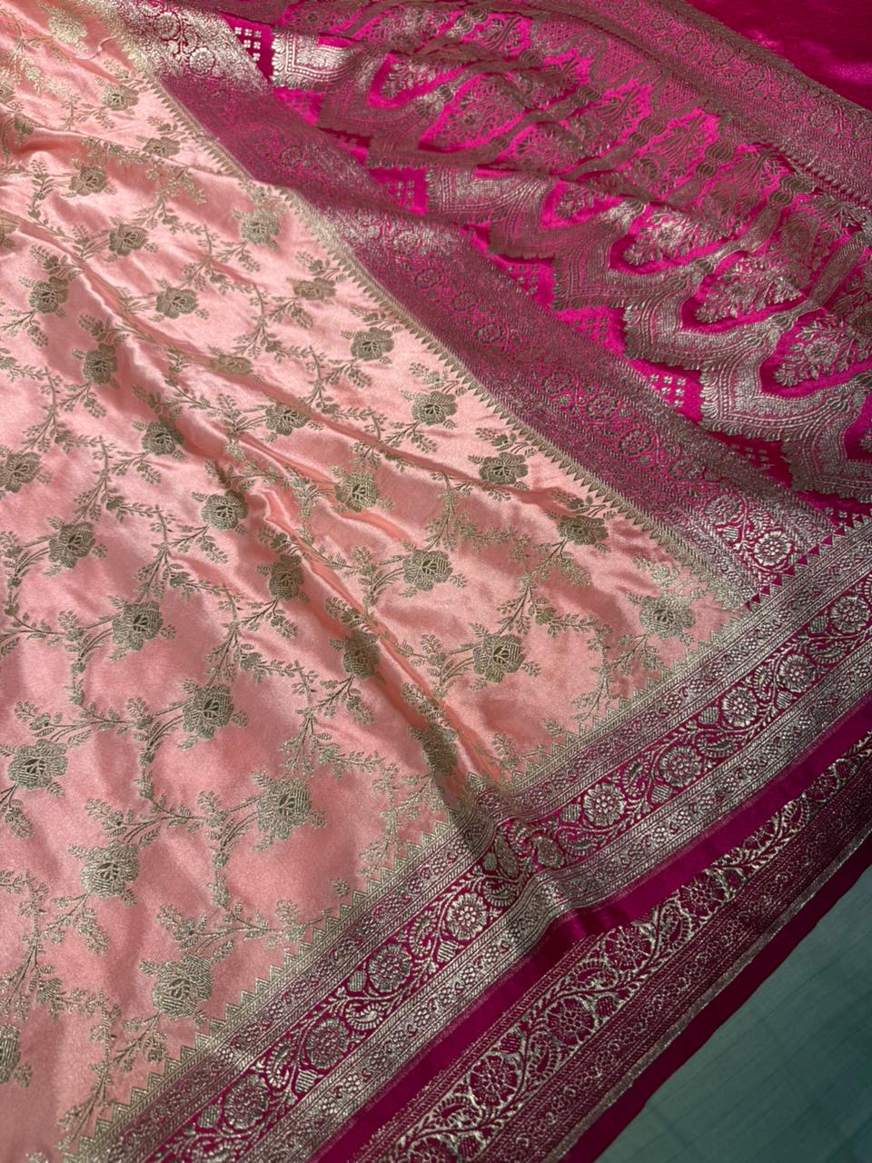 Dark Peach Mashru Katan Silk Leheriya Banarasi Saree