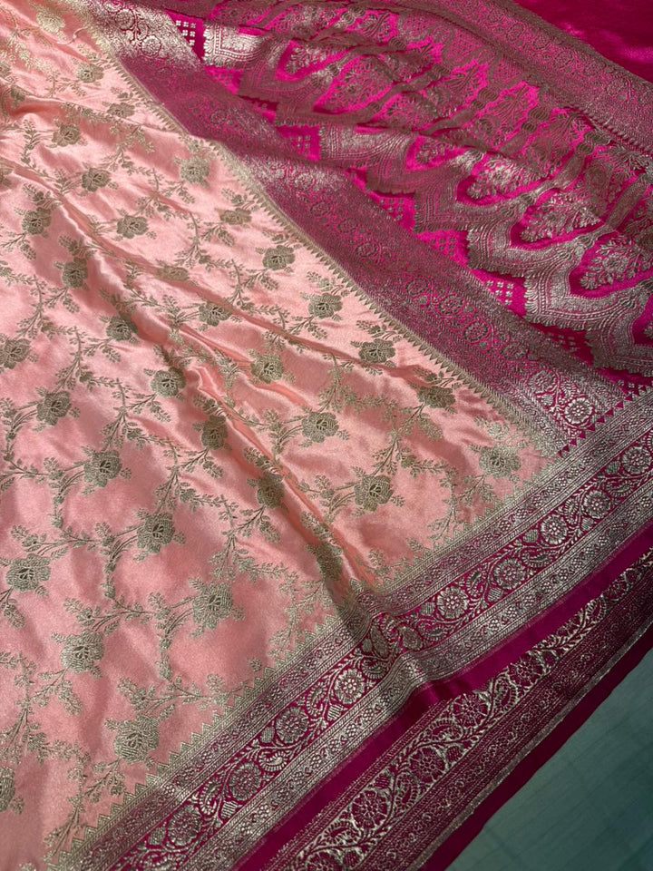Dark Peach Mashru Katan Silk Leheriya Banarasi Saree