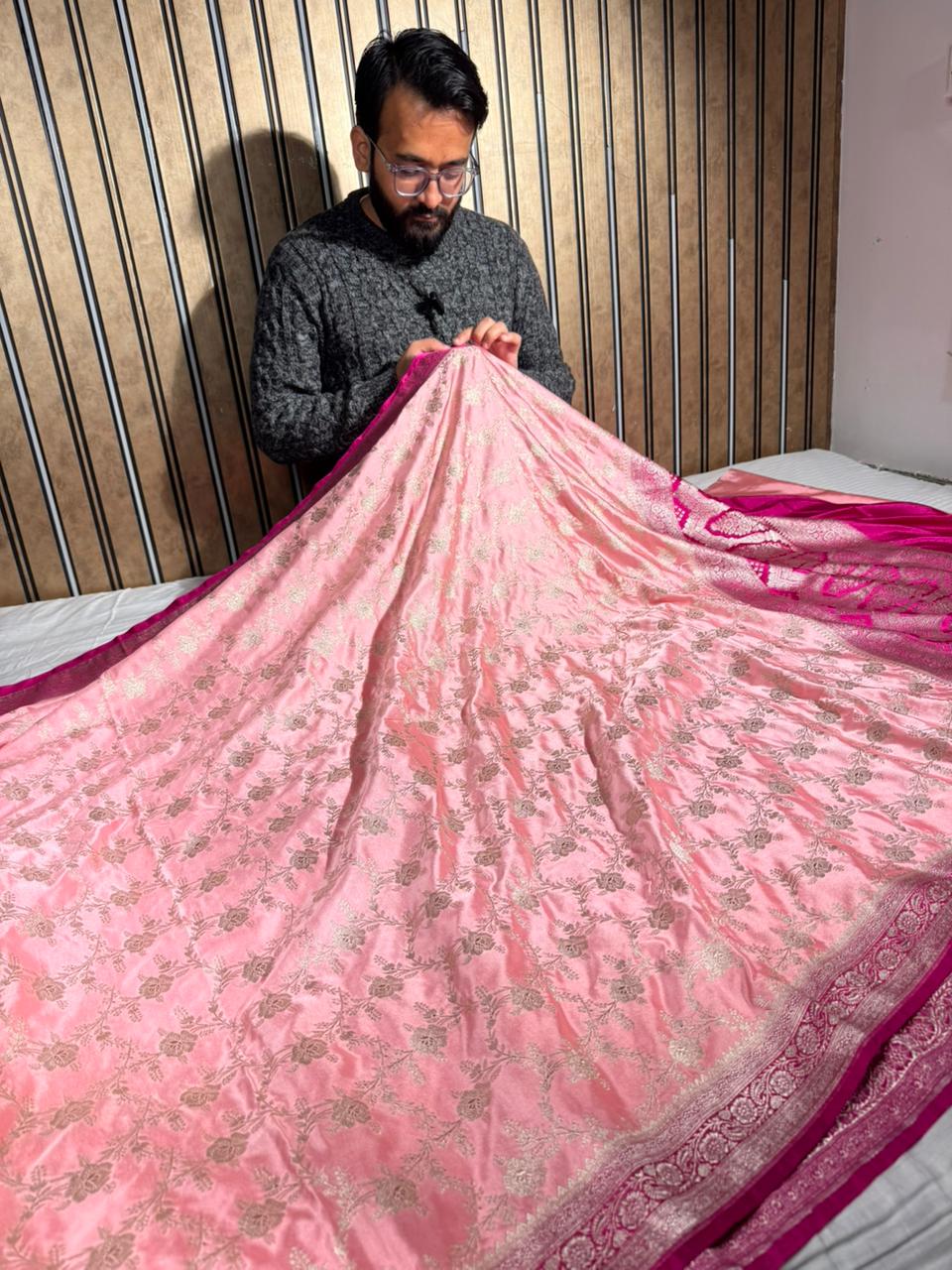 Dark Peach Mashru Katan Silk Leheriya Banarasi Saree