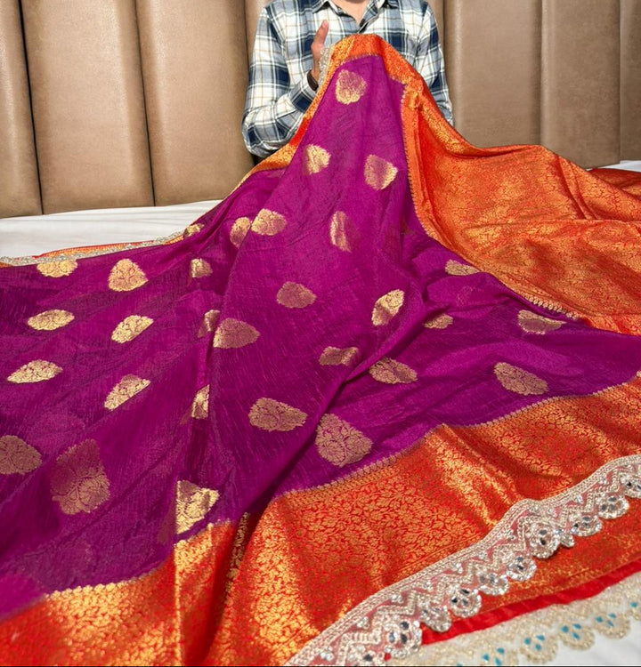 Dark Purple Matka Silk Pearl Lace Work Saree