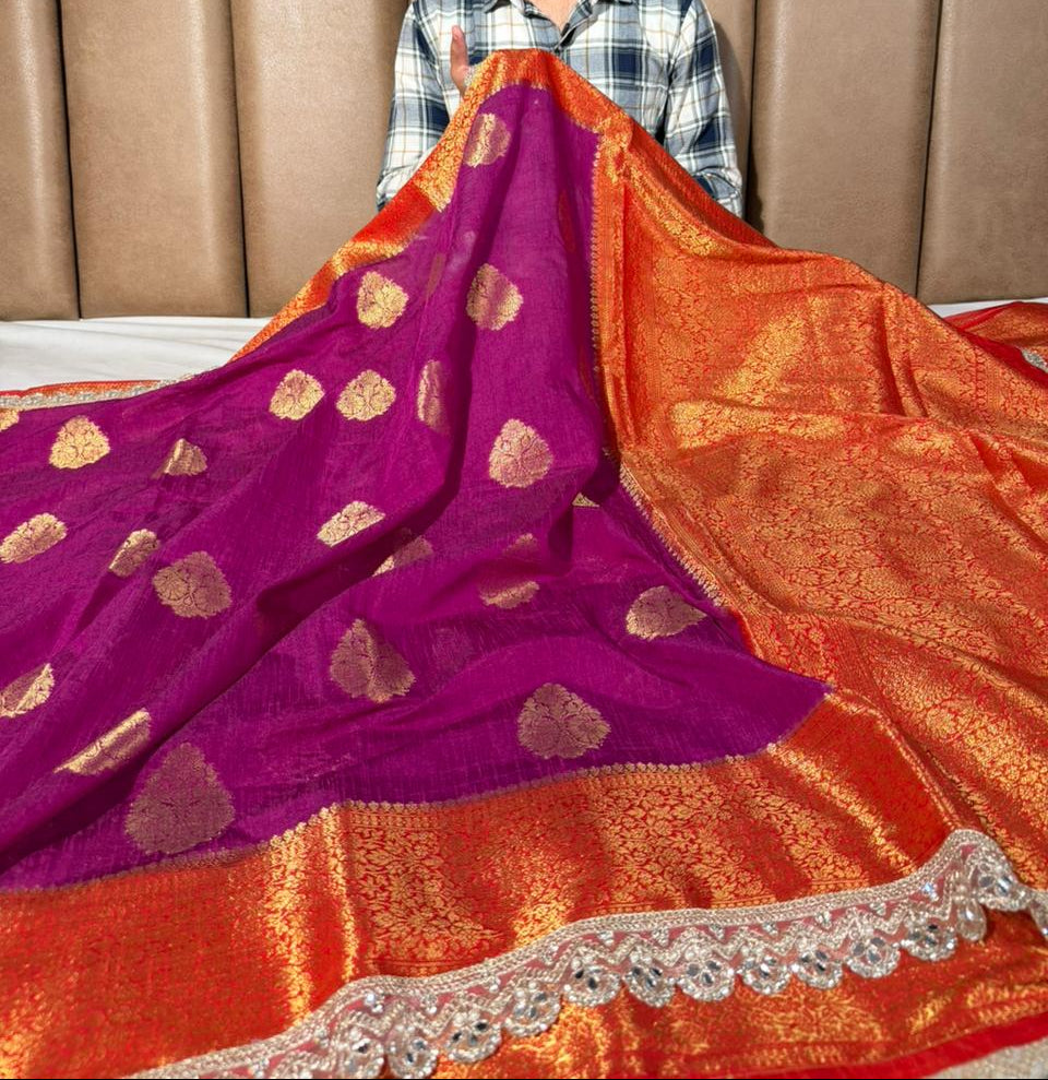 Dark Purple Matka Silk Pearl Lace Work Saree